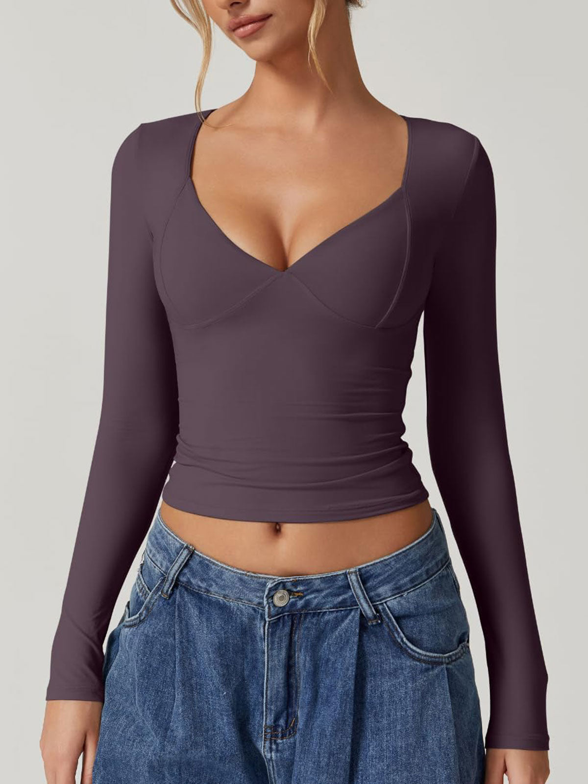 Long Sleeve V Neck T Shirts Double Lined Crop Top Seamed Cup Going Out Tops