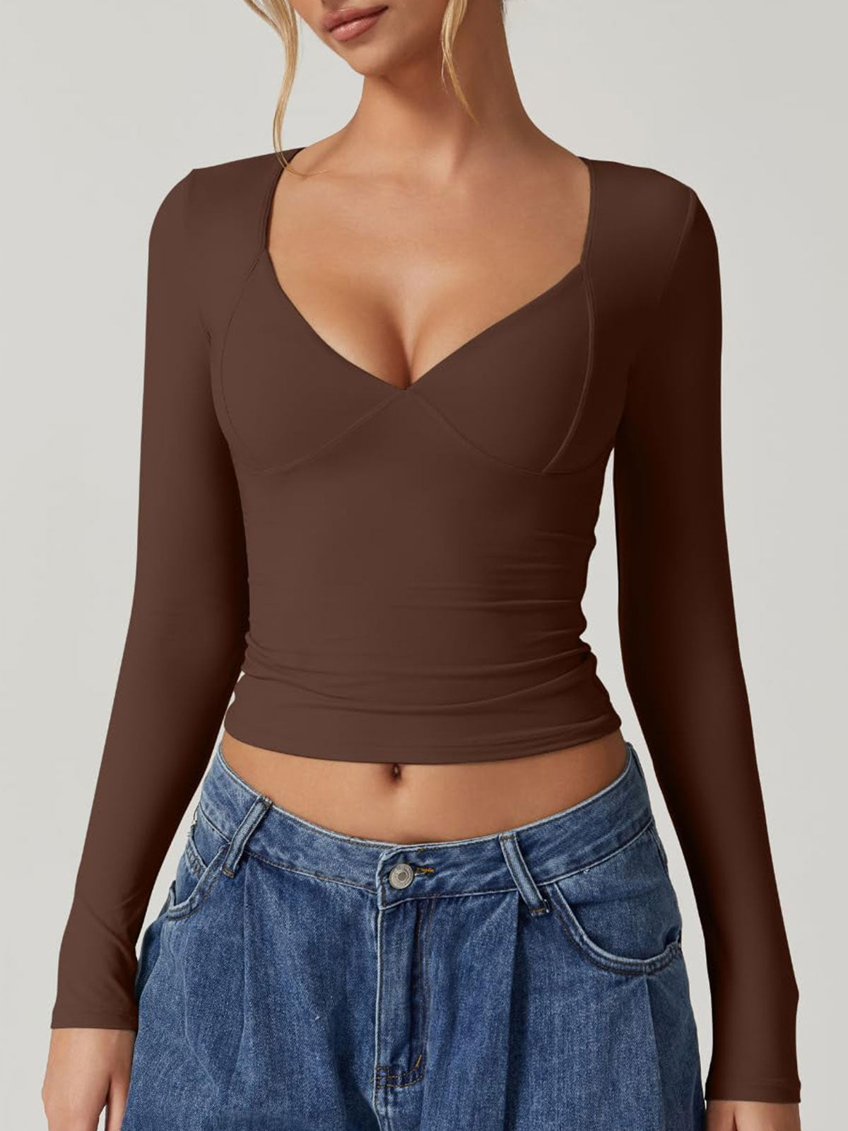 Long Sleeve V Neck T Shirts Double Lined Crop Top Seamed Cup Going Out Tops