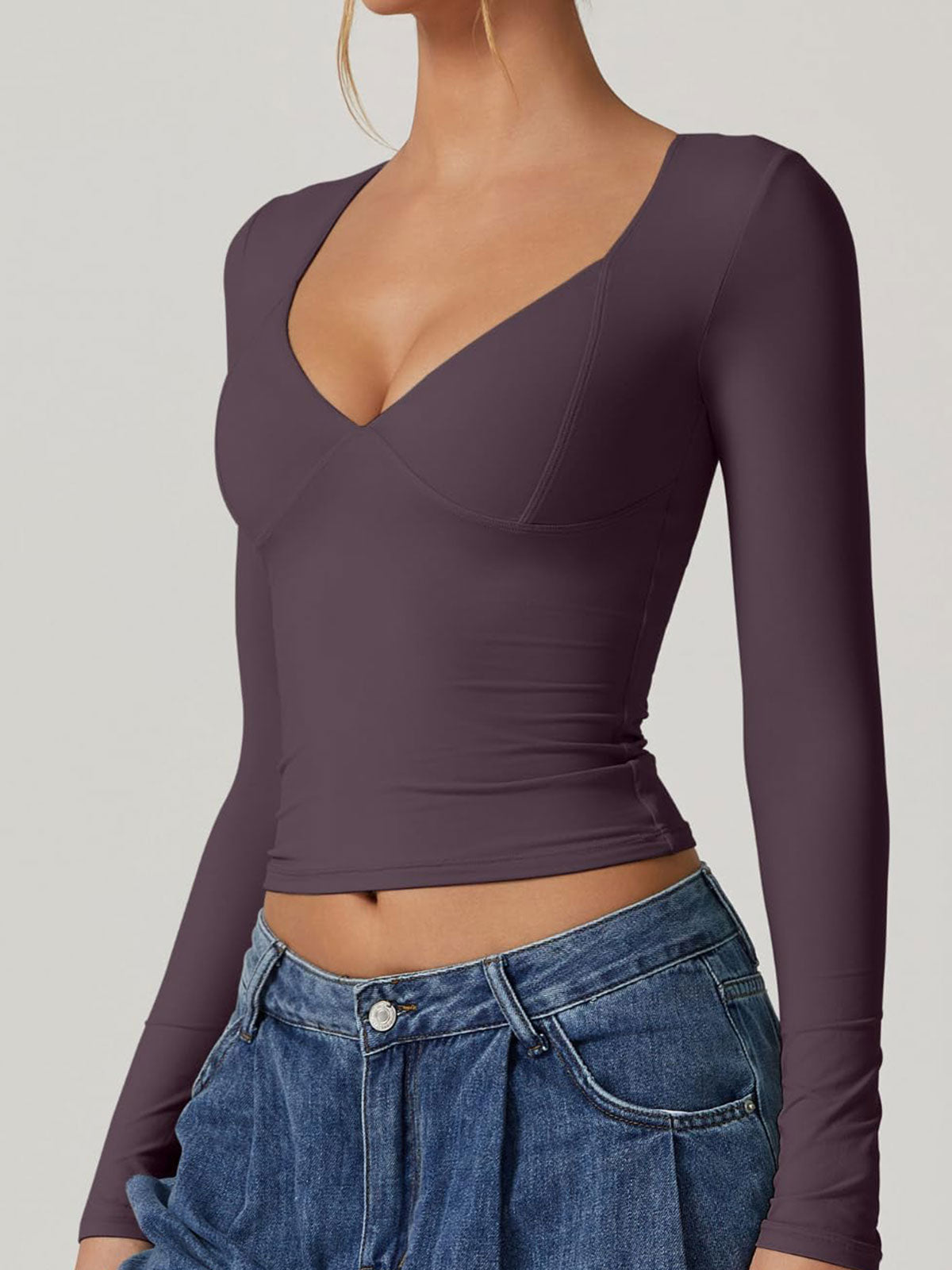 Long Sleeve V Neck T Shirts Double Lined Crop Top Seamed Cup Going Out Tops