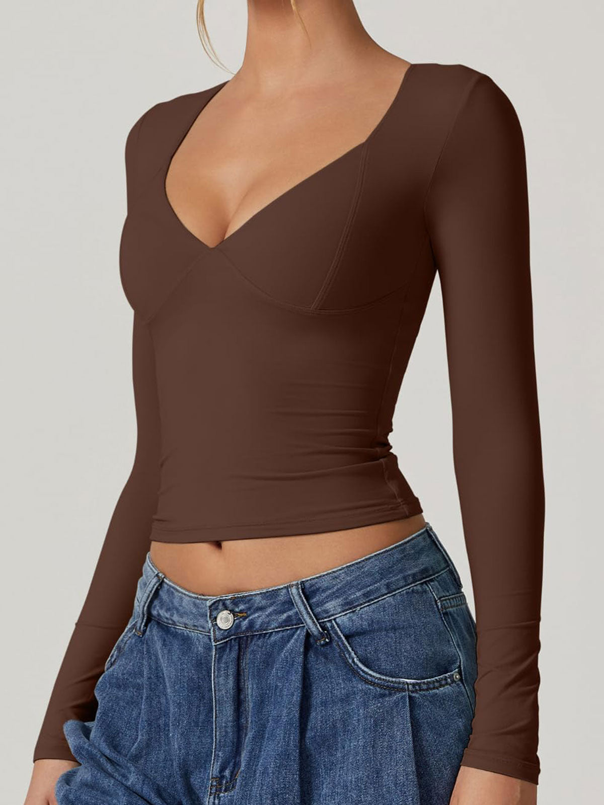 Long Sleeve V Neck T Shirts Double Lined Crop Top Seamed Cup Going Out Tops