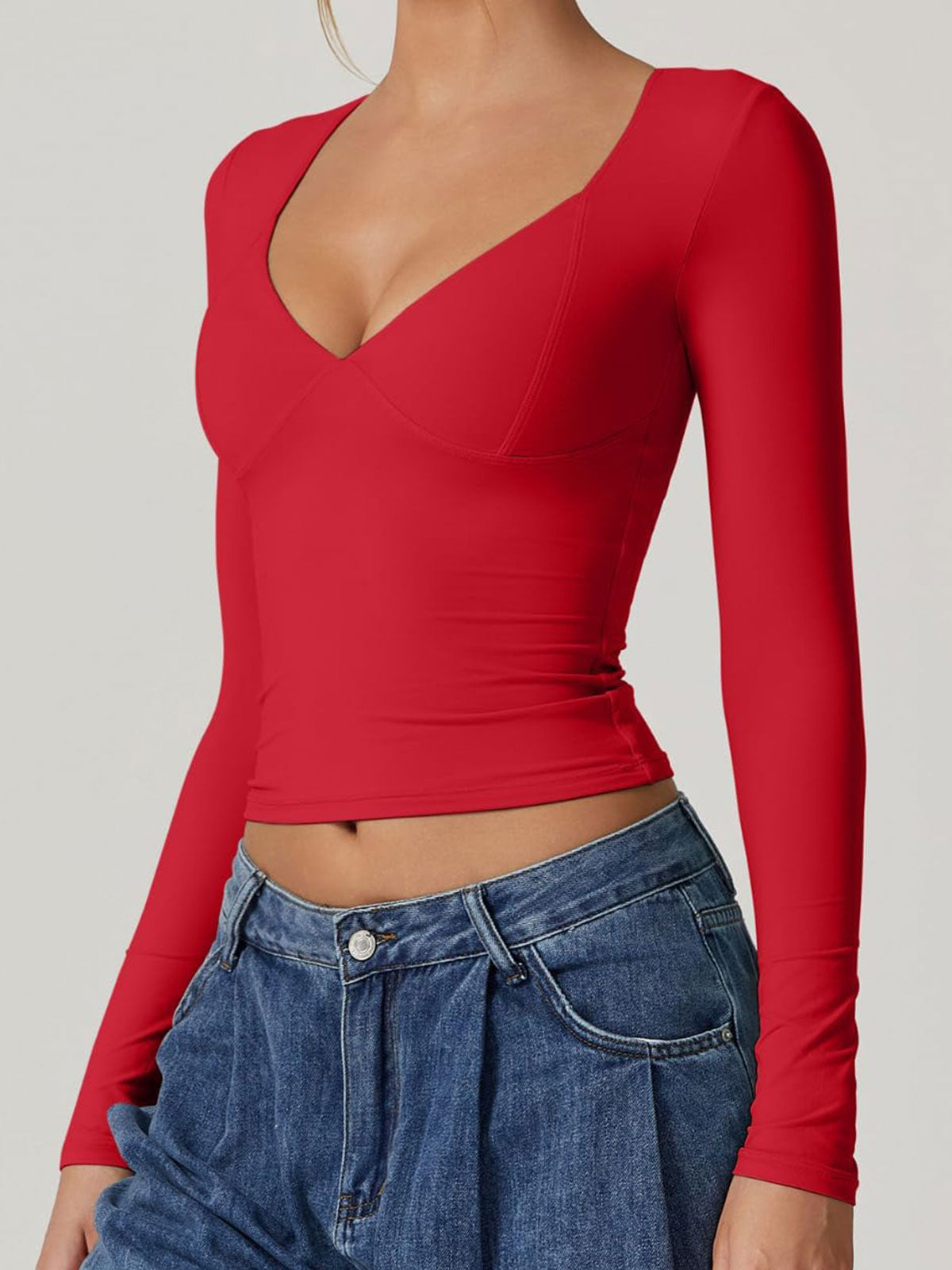 Long Sleeve V Neck T Shirts Double Lined Crop Top Seamed Cup Going Out Tops