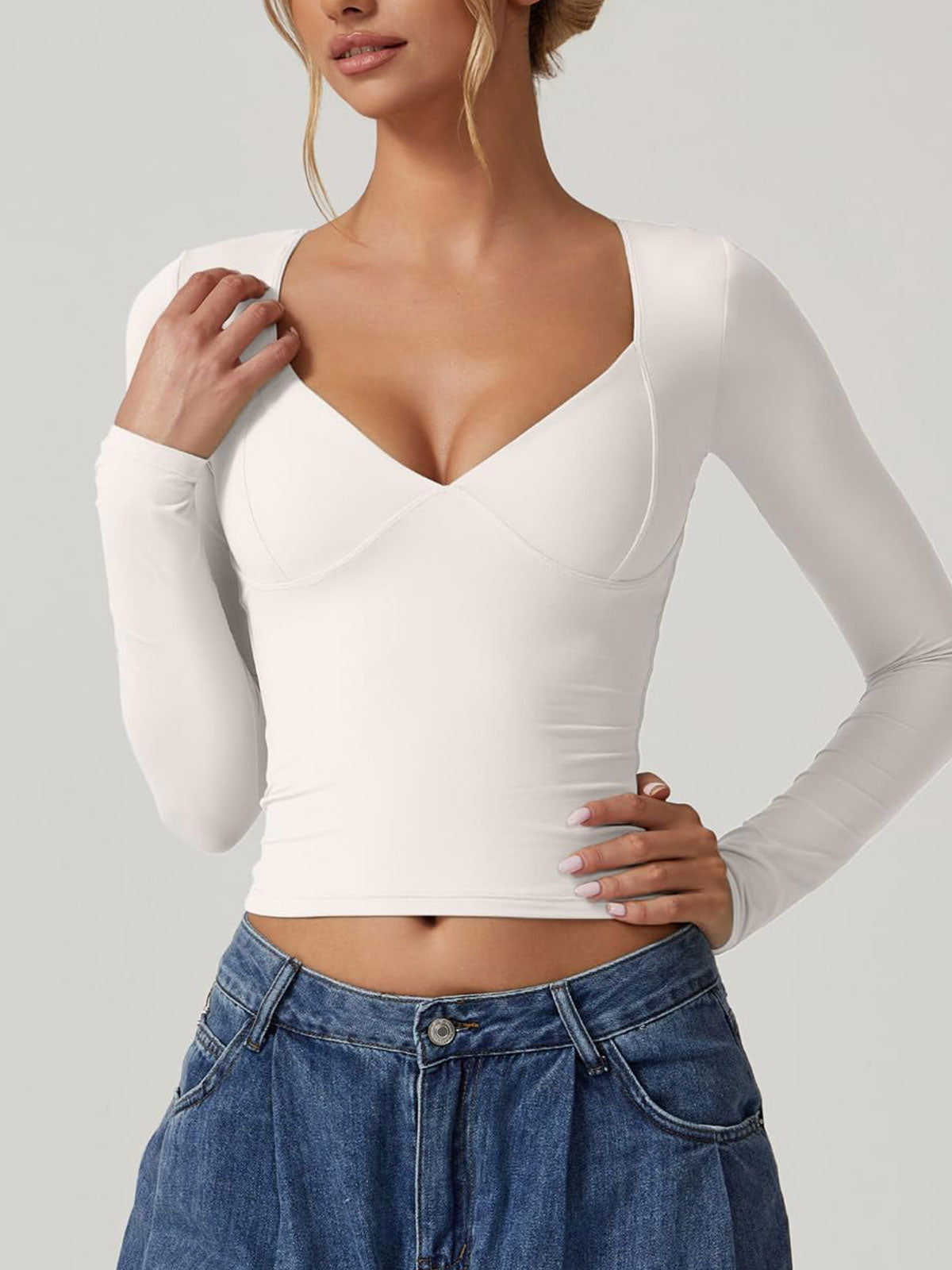Long Sleeve V Neck T Shirts Double Lined Crop Top Seamed Cup Going Out Tops