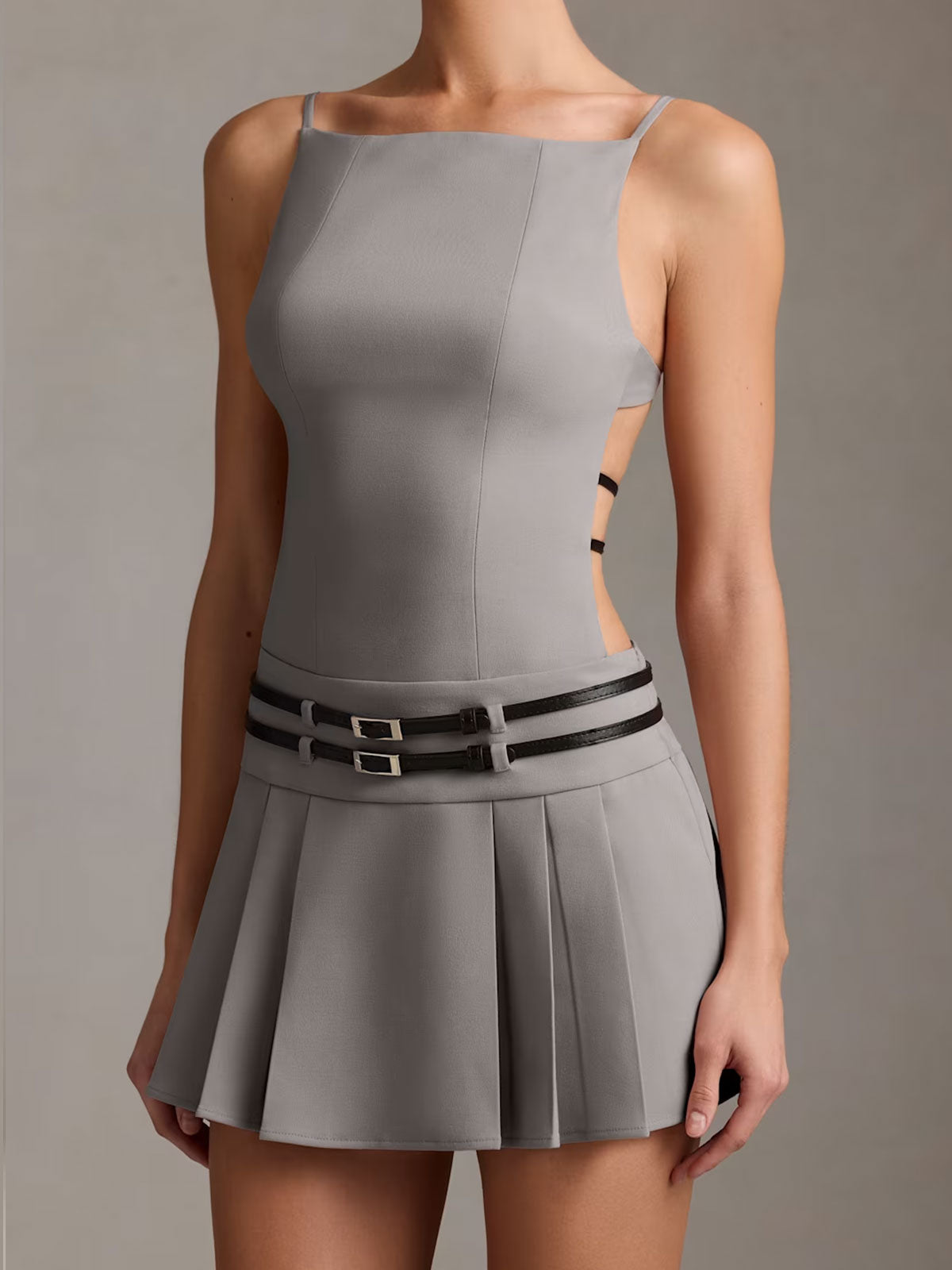Belted Backless Pleated Mini Dress