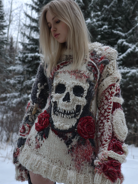 Lady's Halloween Gothic Style Skull Skeleton Pattern Knitted Sweater