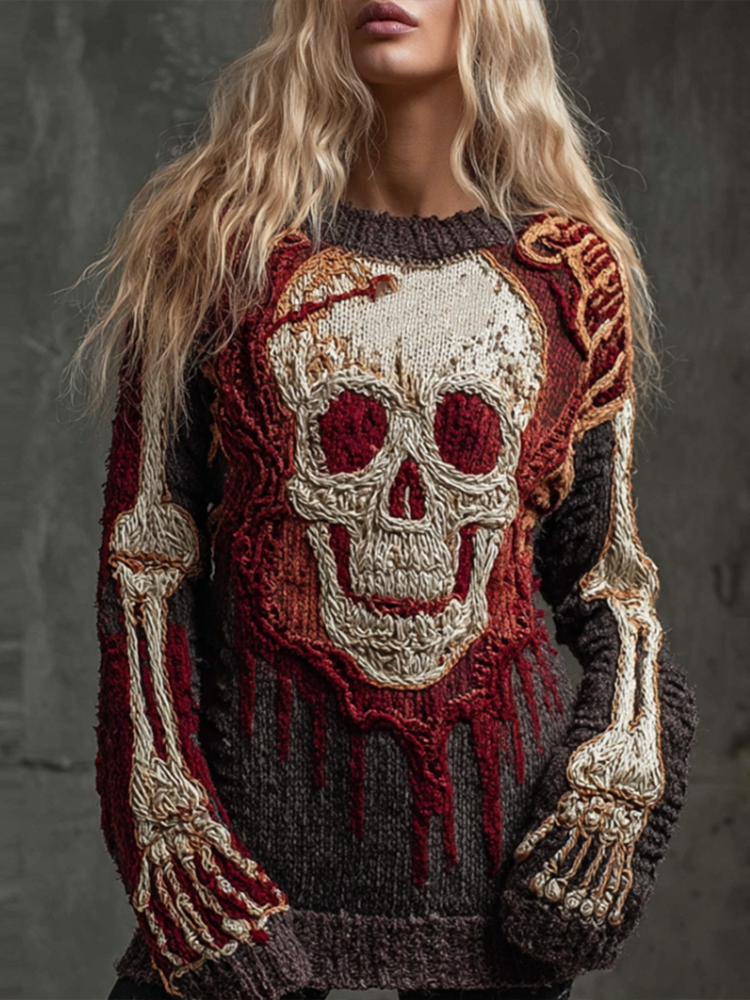 Halloween Skeleton Pattern And Bone Pattern Design Women's Round Neck Sweater
