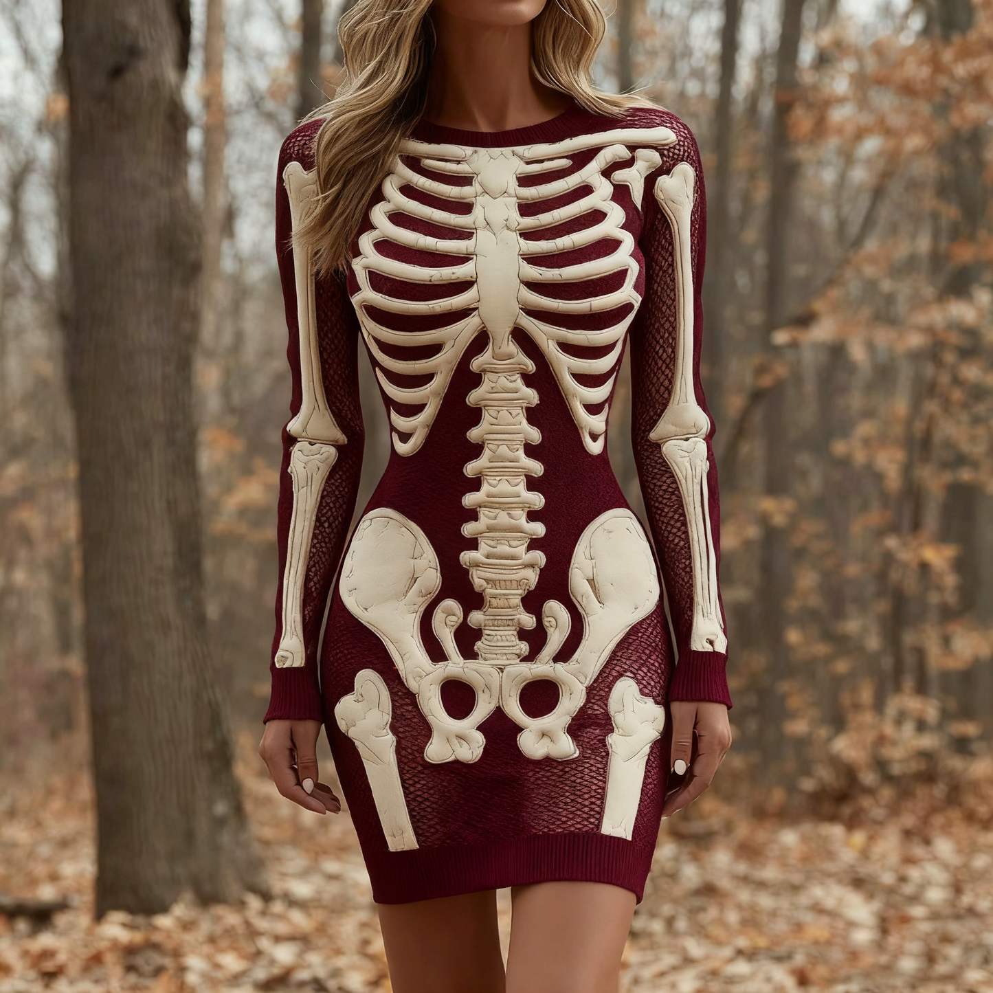 Women's Vintage Halloween Skeleton Bones Comfortable Elegant Sweater Dress