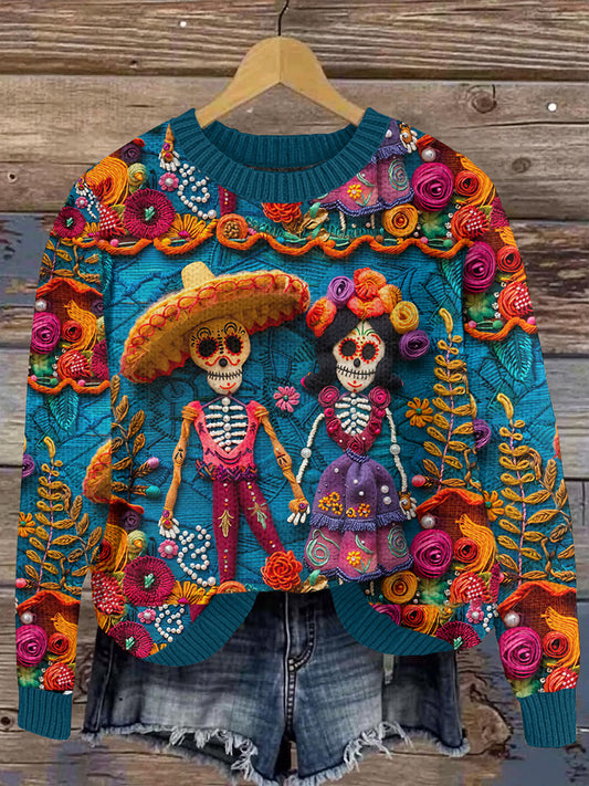 Mexican Festive Day Of The Dead Sugar Skeleton Couple Inspired Art Embroidery Art Print Knitted Pullover Sweater