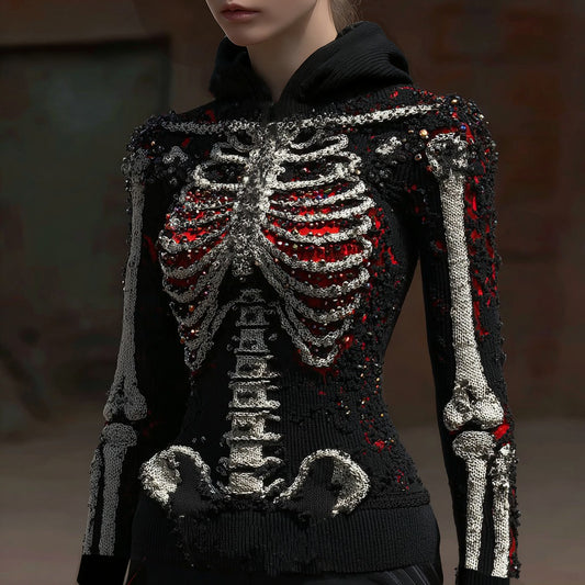 Women's Vintage Halloween Skull Sequin Art Knitted Hooded Sweater