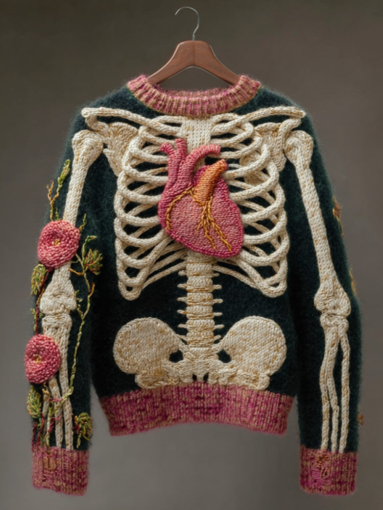 Vintage Halloween Human Anatomy Art Sense Thick Needle Round Neck Sweater