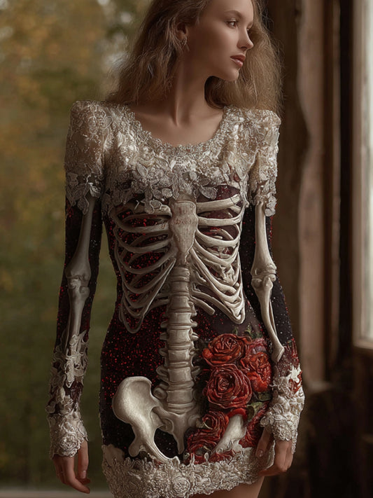 Women's Halloween Skeleton And Rose Dark Round Neck Mini Skirt