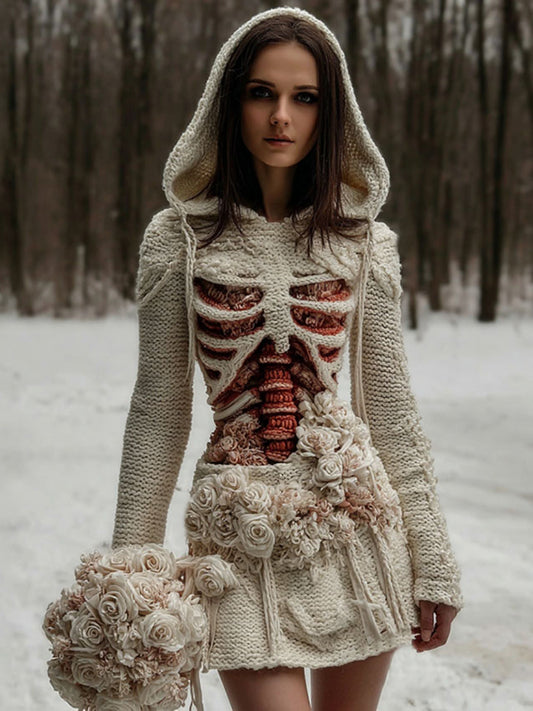 Women's Vintage Halloween Skeleton & White Floral Art Cozy Sweater Hooded Dress