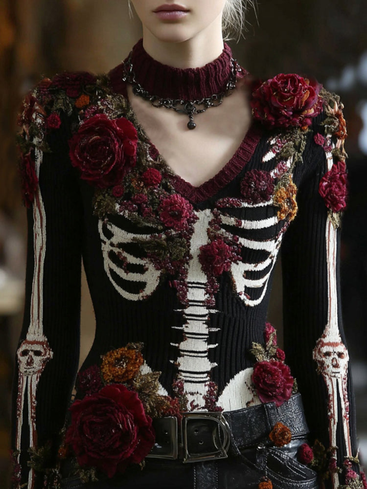Women's Skeleton Bones Roses Art V Neck Knit Warm Sweater