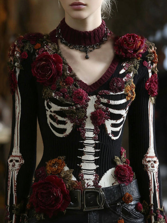 Women's Skeleton Bones Roses Art V Neck Knit Warm Sweater