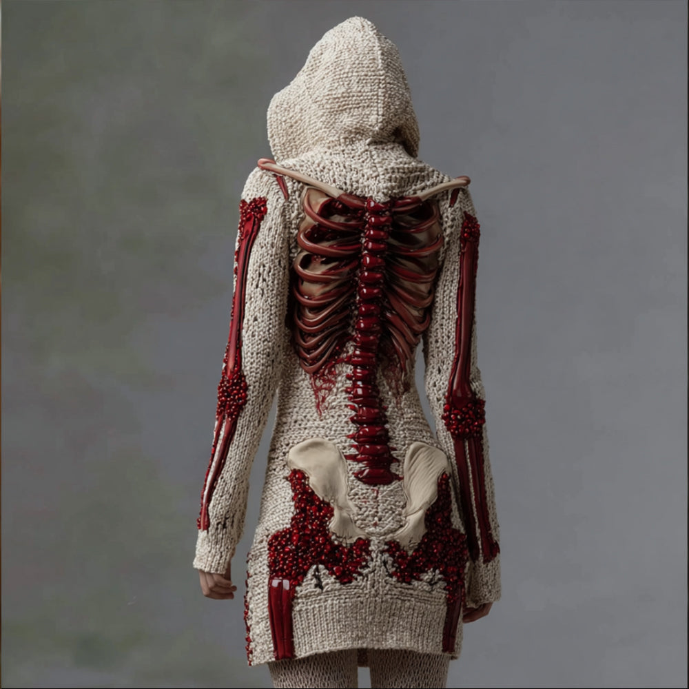 Women's Halloween Skeleton Rose Art Knitted Hoodie Sweater