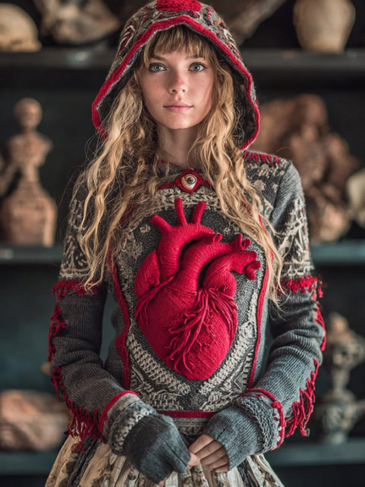 Women's Halloween Anatomy And Heart Art Grey Hooded Sweater