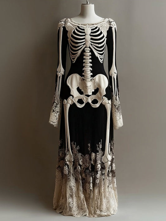 Classy Skeleton Roses Lace Patchwork Flowy Maxi Dress