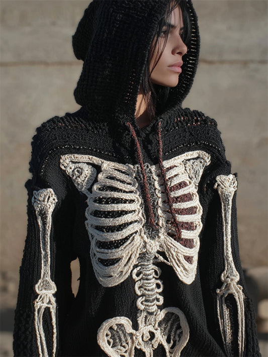 Vintage Skeleton Anatomy Beaded Hooded Cozy Knit Sweater