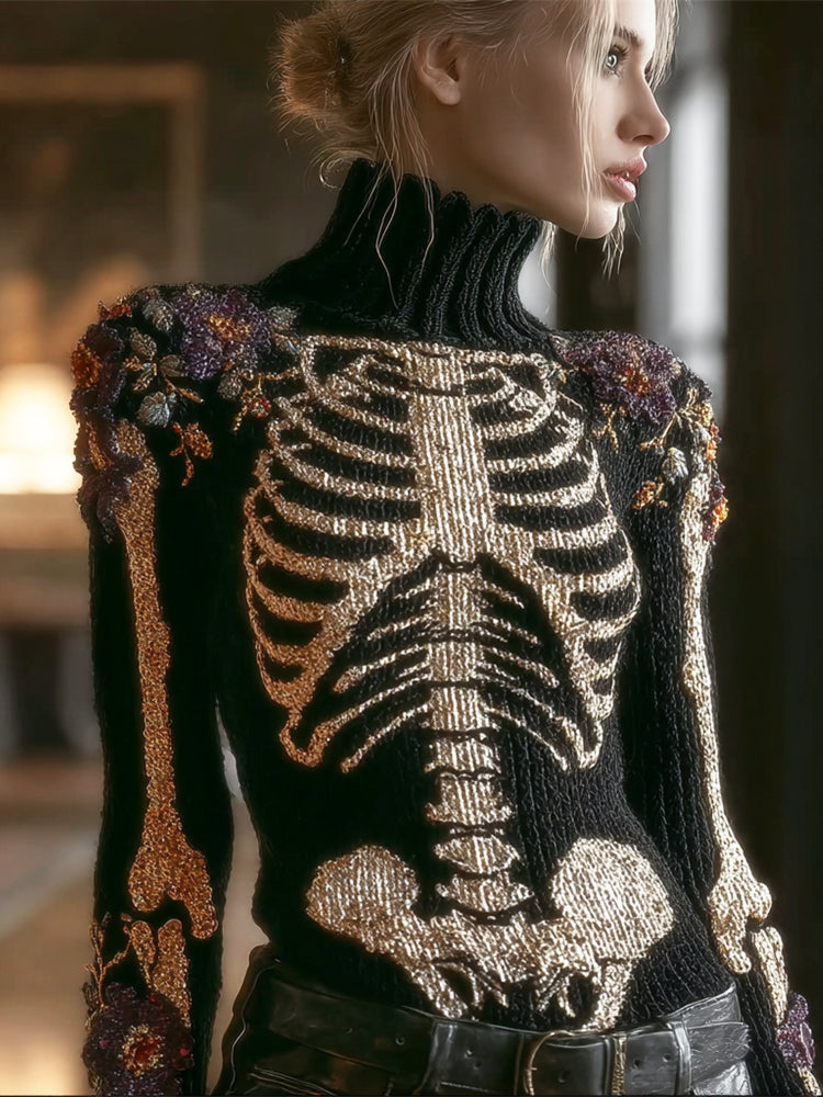 Skeleton & Floral Women's High-neck Knit Sweater