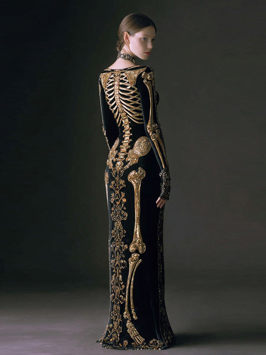 Women's Halloween Dark Brother Skull Velvet Round Neck Maxi Dress