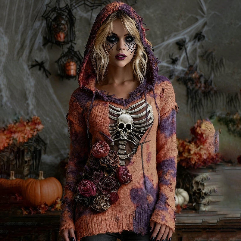 Women's Vintage Patchwork Chunky Knit Skull Hooded Sweater