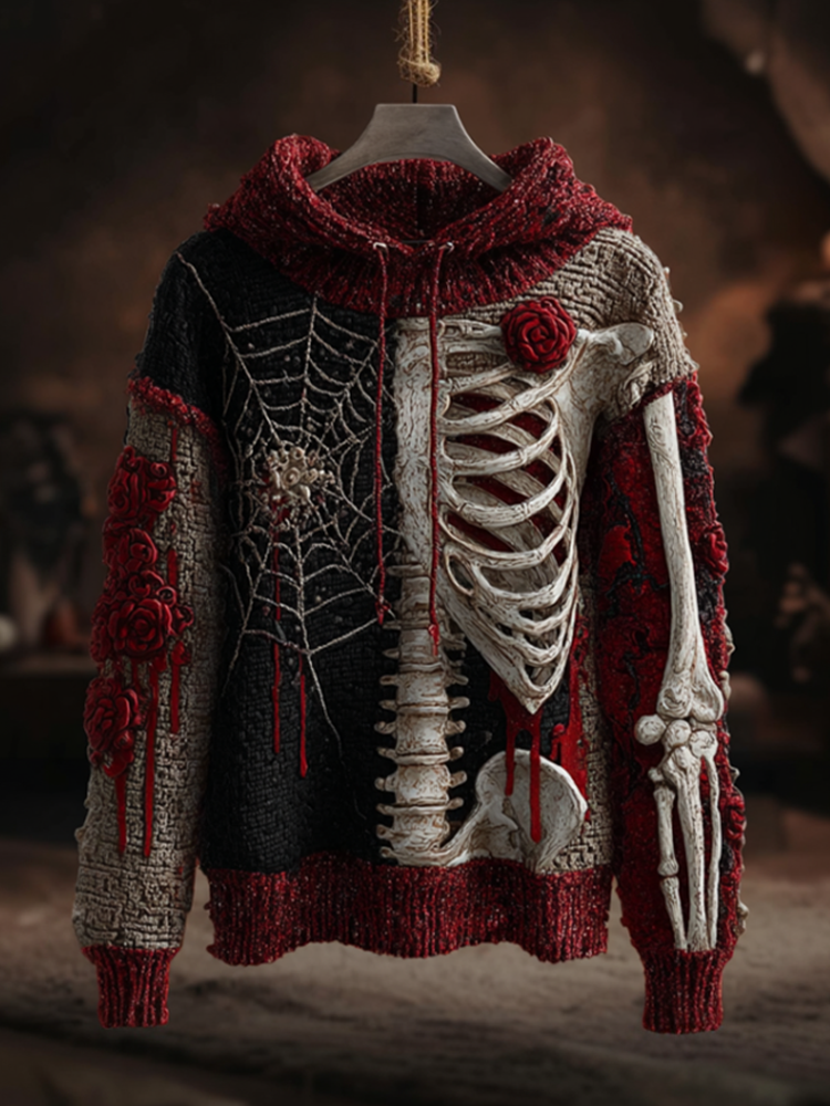 Halloween Spider And Skeleton Skeleton Design Men's Hooded Knit Sweater