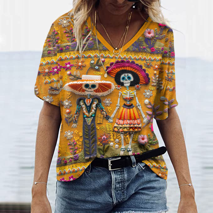 Mexican Sugar Skeleton Couple Catrina Day Of The Dead Inspired Art Inspired Painting V-Neck T-Shirt