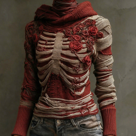 Halloween Bandage Skull Rose Art Slim Fit Knit Hooded Sweater