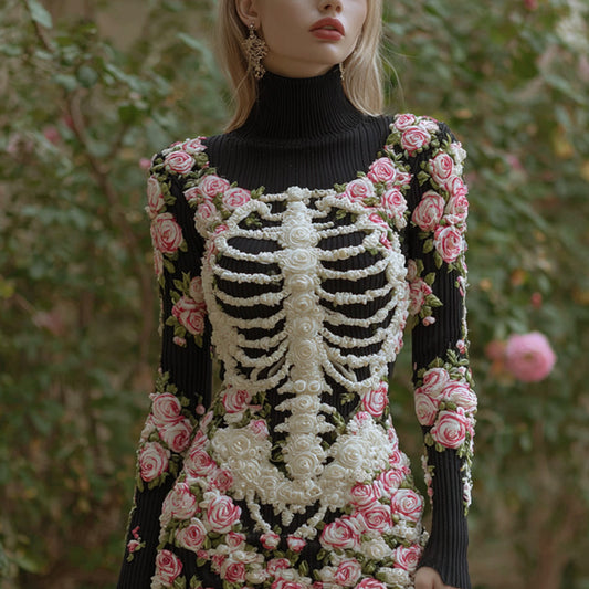 Women's Vintage Halloween Skeleton Bones With Rose Art Cozy Knit Mini Sweater Dress