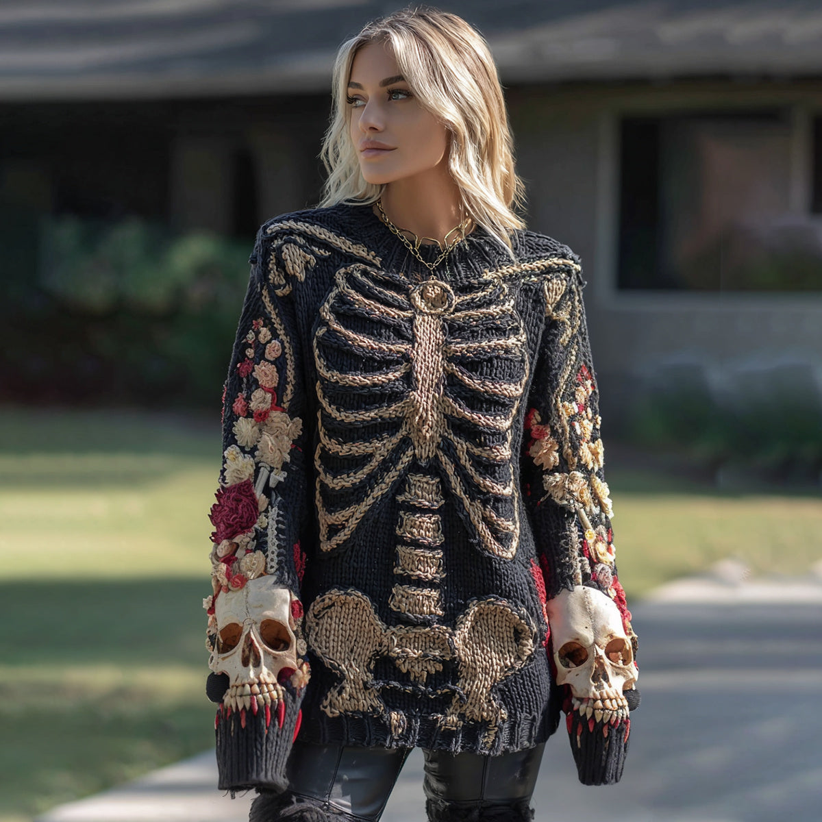 Vintage Halloween Anatomy Skeleton Bones With Skull And Floral Art Chunky Knitted Sweater