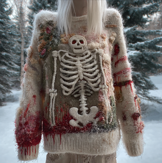 Lady's Halloween Gothic Style Skull Skeleton Pattern Knitted Sweater