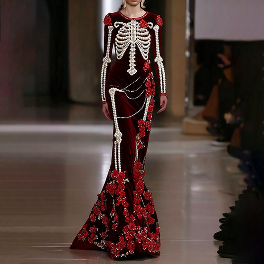 Women's Halloween Skull Floral Velvet Crew Neck Maxi Dress