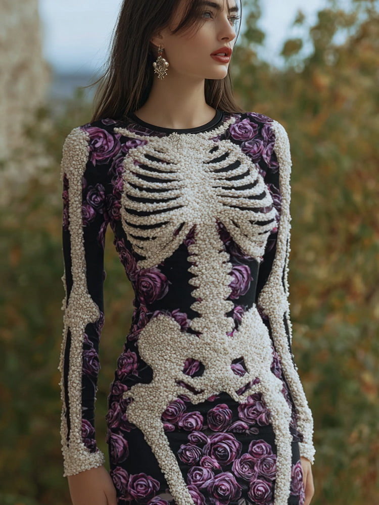 Women's Vintage Halloween Skeleton Bones With Rose Art Cozy Knit Mini Sweater Dress