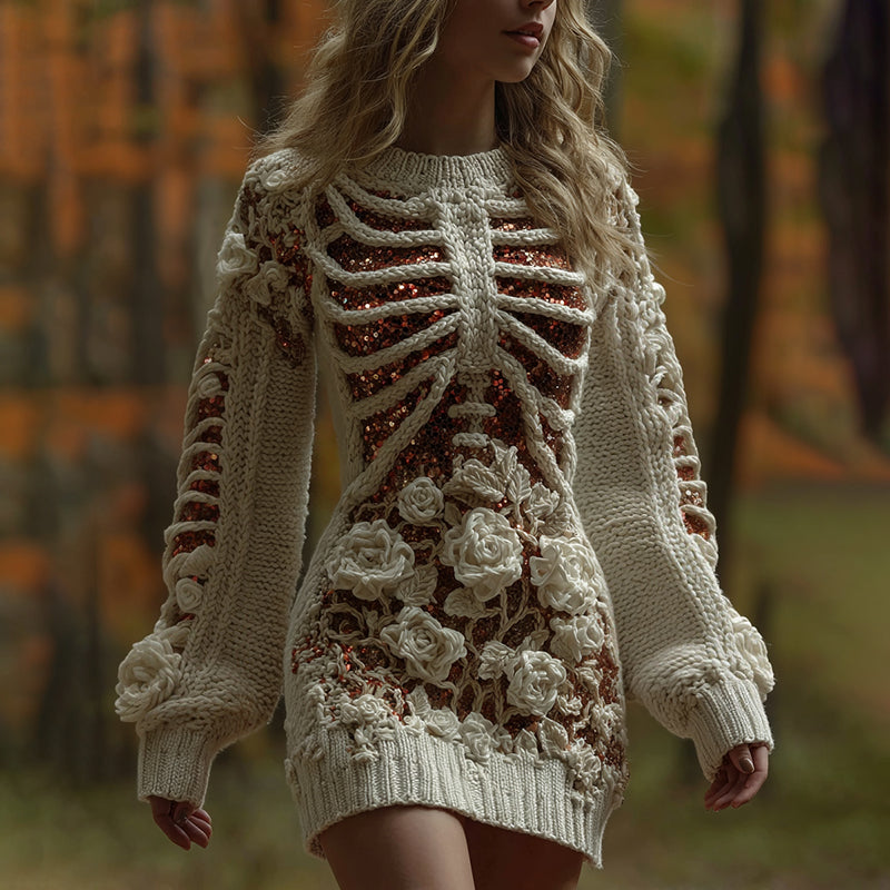 Women's Skeleton Flower Art Knit Mini Sweater Dress