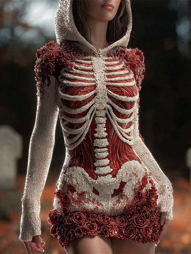 Halloween Bloody Skeleton & Floral Art Women's Knit Mini Dress
