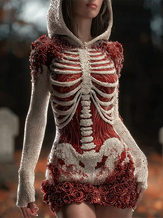 Halloween Bloody Skeleton & Floral Art Women's Knit Mini Dress