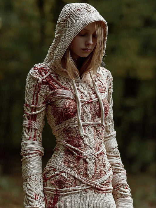 Women's Vintage Halloween Bandage Art Knit Hooded Sweater