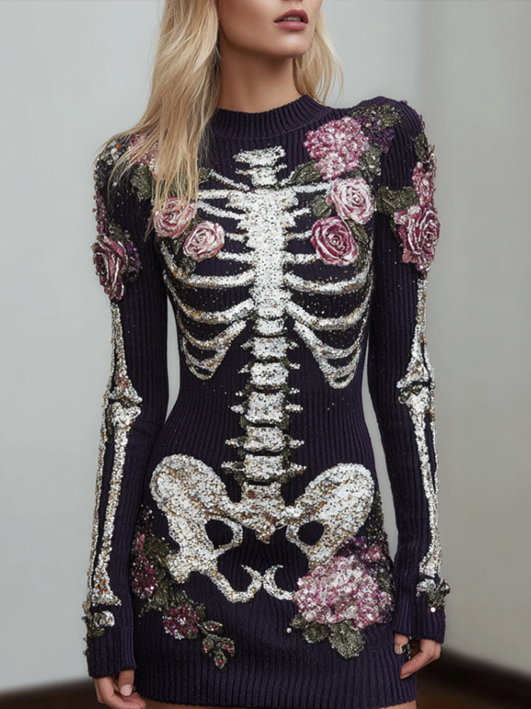 Woman's Round-necked Knitted Sweater Dress With A Skeleton Design Combined With Plant And Flower Patterns For Halloween.