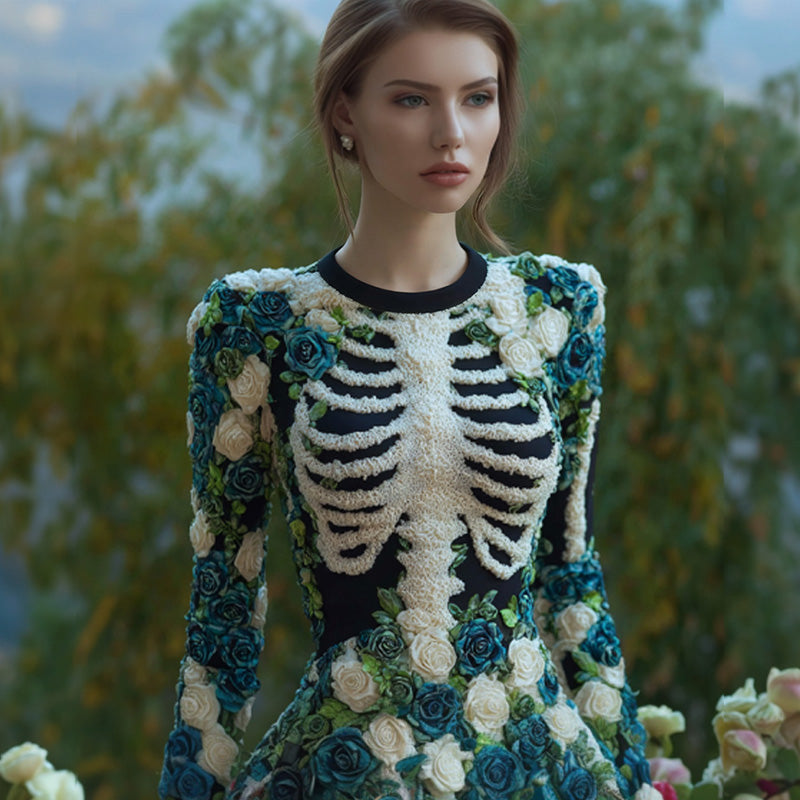 Women's Vintage Halloween Skeleton Bones With Rose Art Cozy Knit Mini Sweater Dress