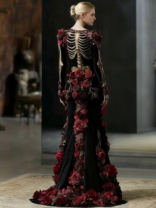 Women's Vintage Skeleton Bones In Red Rose Art Velvet Maxi Dress