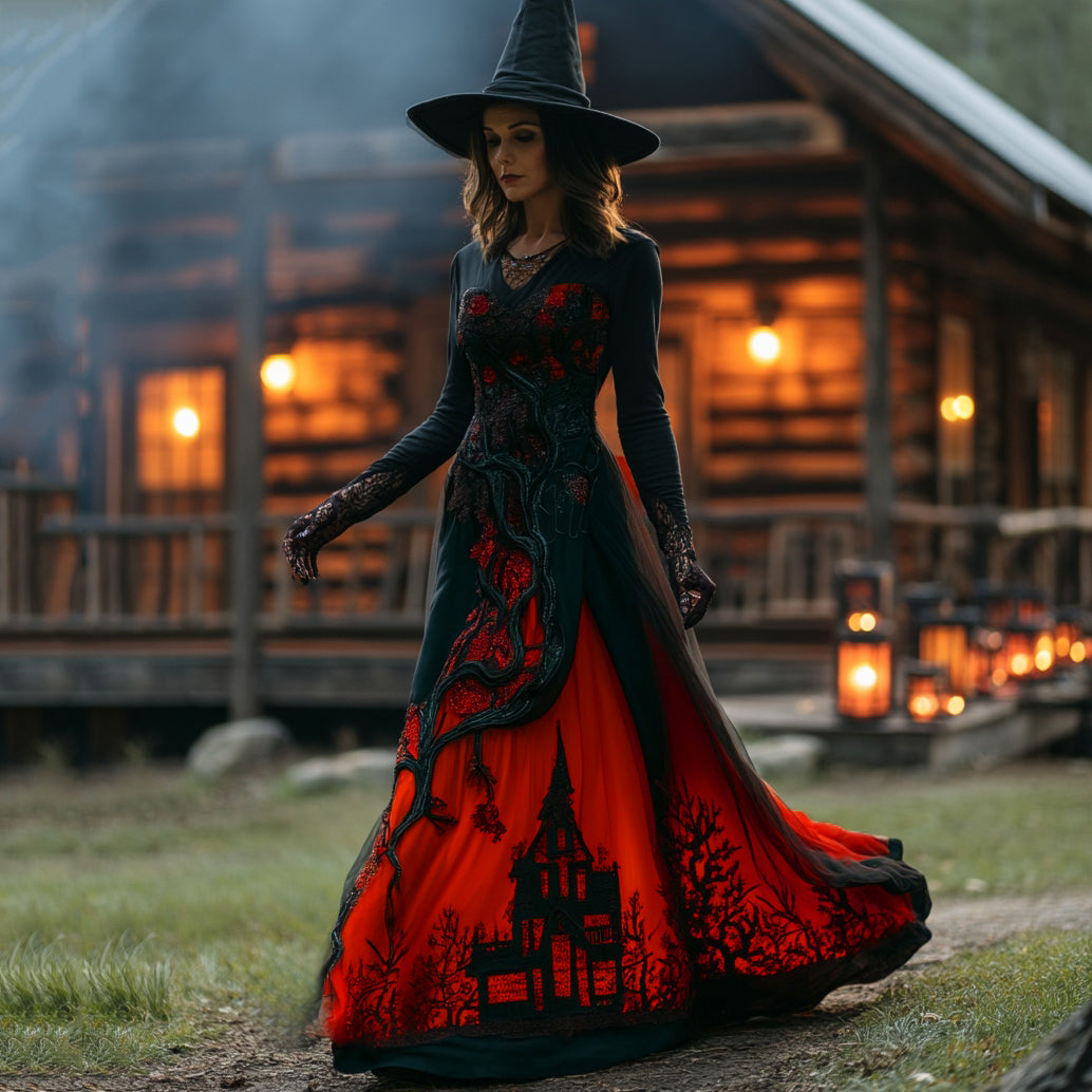 Women's Halloween Gradient Treehouse Design Witch V-neck Maxi Dress