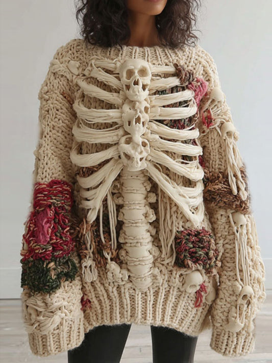 Women's Vintage Skull & Skeleton Art Crew Neck Cozy Sweater