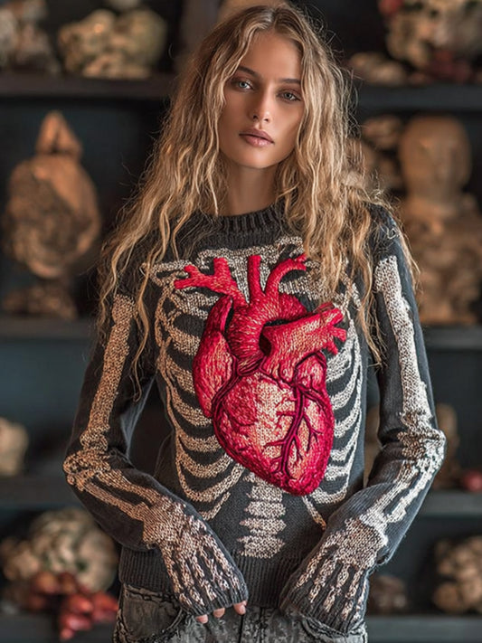 Women Halloween Human Bones Beating Red Heart Embroidery Antique Round Neck Sweater