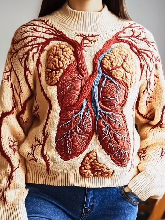 Vintage Halloween Anatomy Red Heart Art Chunky Knitted Sweater