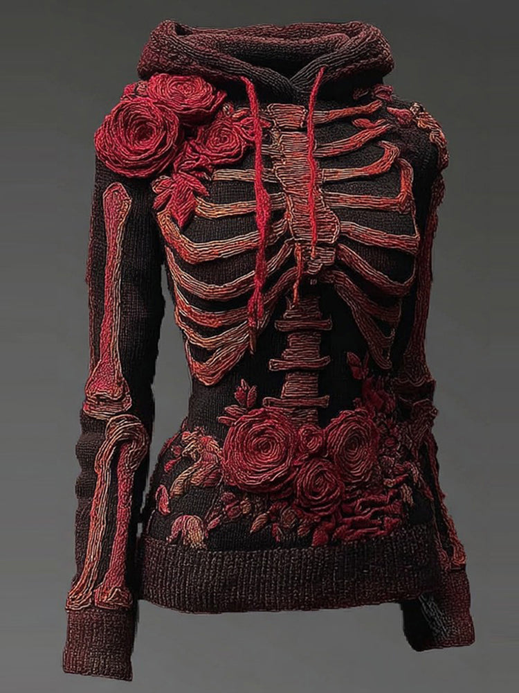 Vintage Halloween Anatomy And Rose Art Knit Hooded Sweater
