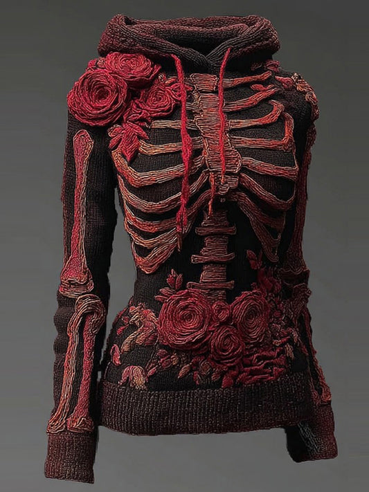 Vintage Halloween Anatomy And Rose Art Knit Hooded Sweater