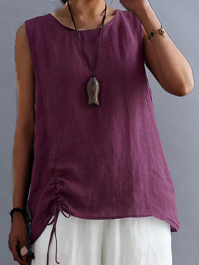 Airrys™ Women's Cotton Hemp Drawstring Solid Color Casual T-shirt