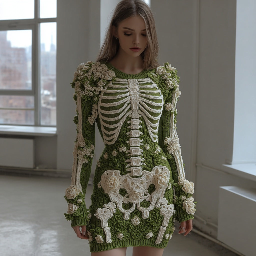 Women's Vintage Skull Rose Crochet Cozy Knit Sweater Dress