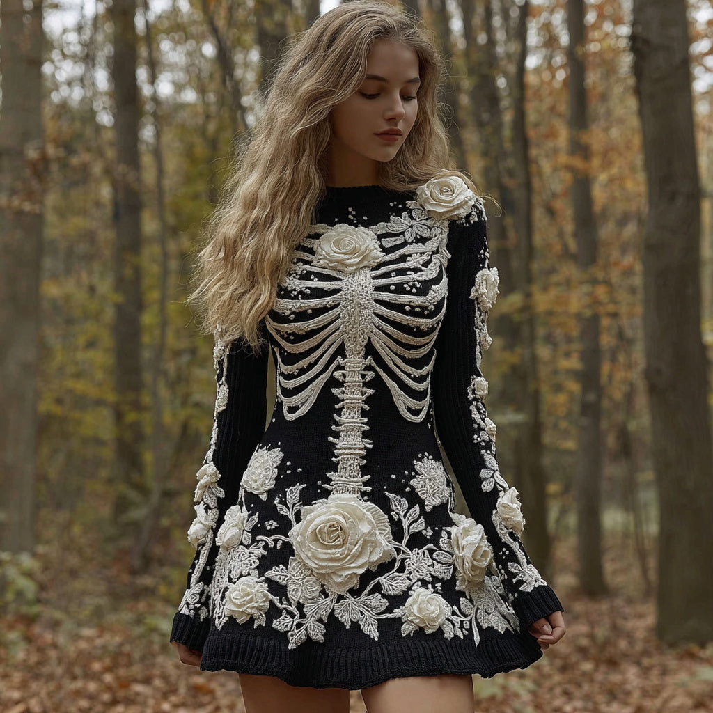 Women's Halloween Skeleton Bones Rose Comfortable Elegant Sweater Dress