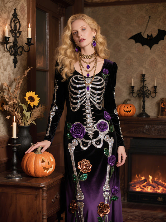 Vintage Halloween Skeleton Bones With Roses Flowy Velvet Maxi Dress