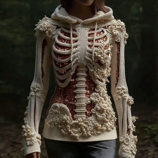 Women's Vintage White Skull Sequin Art Cozy Hooded Sweater